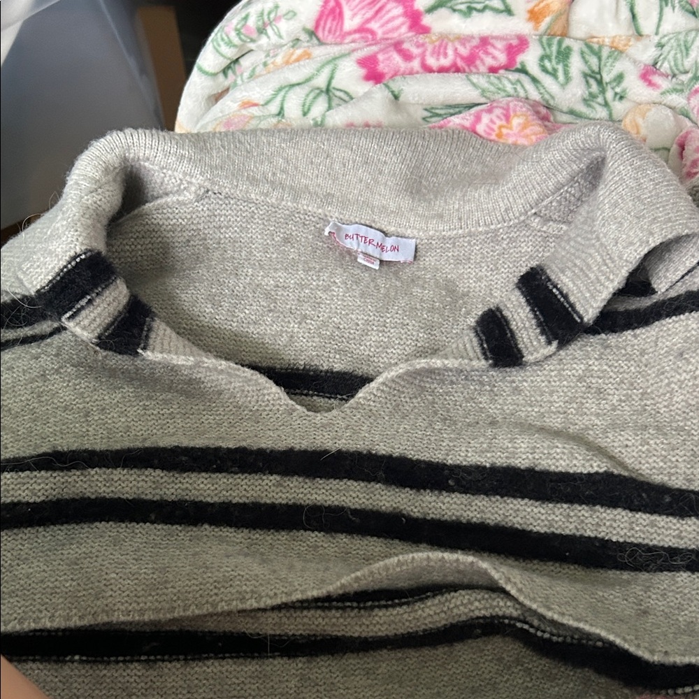 Gray and Black Striped Women's Turtleneck Sweater
